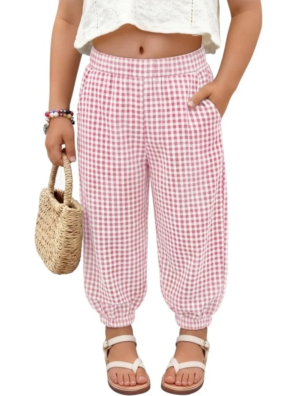 Cute Toddler Girls Gingham Harem Pants | Checkered Elastic Waist Joggers